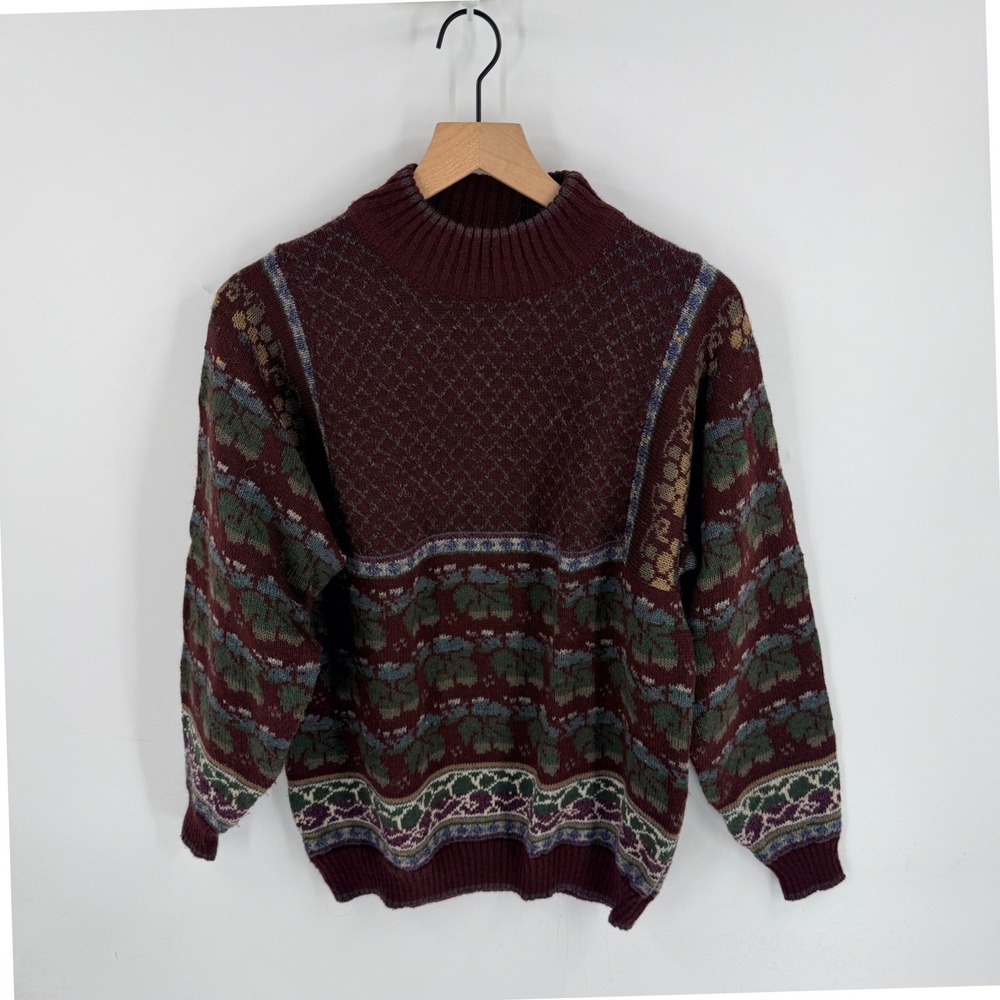 Vintage 90s Mock Neck Fair Isle Leaf Knit Sweater Burgundy Petite Small Jacquard